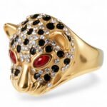 Panther Head Shining Hip Hop Inlaid Red And Black Brick Design Gold Stainless Steel Ring丨G00981