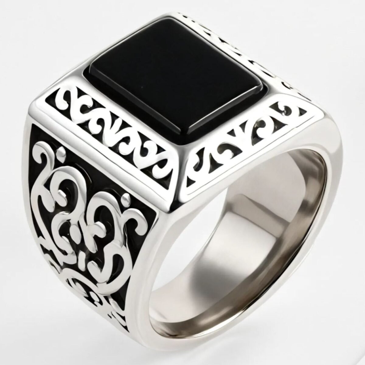 Vintage Black Square Gemstone Men's Stainless Steel Ring | K00148 - Image 1