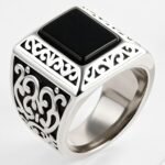 Vintage Black Square Gemstone Men's Stainless Steel Ring | K00148