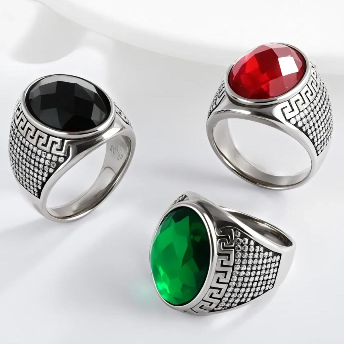 Vintage Geometric Pattern Gemstone Stainless Steel Men's Ring | BL40 - Image 1