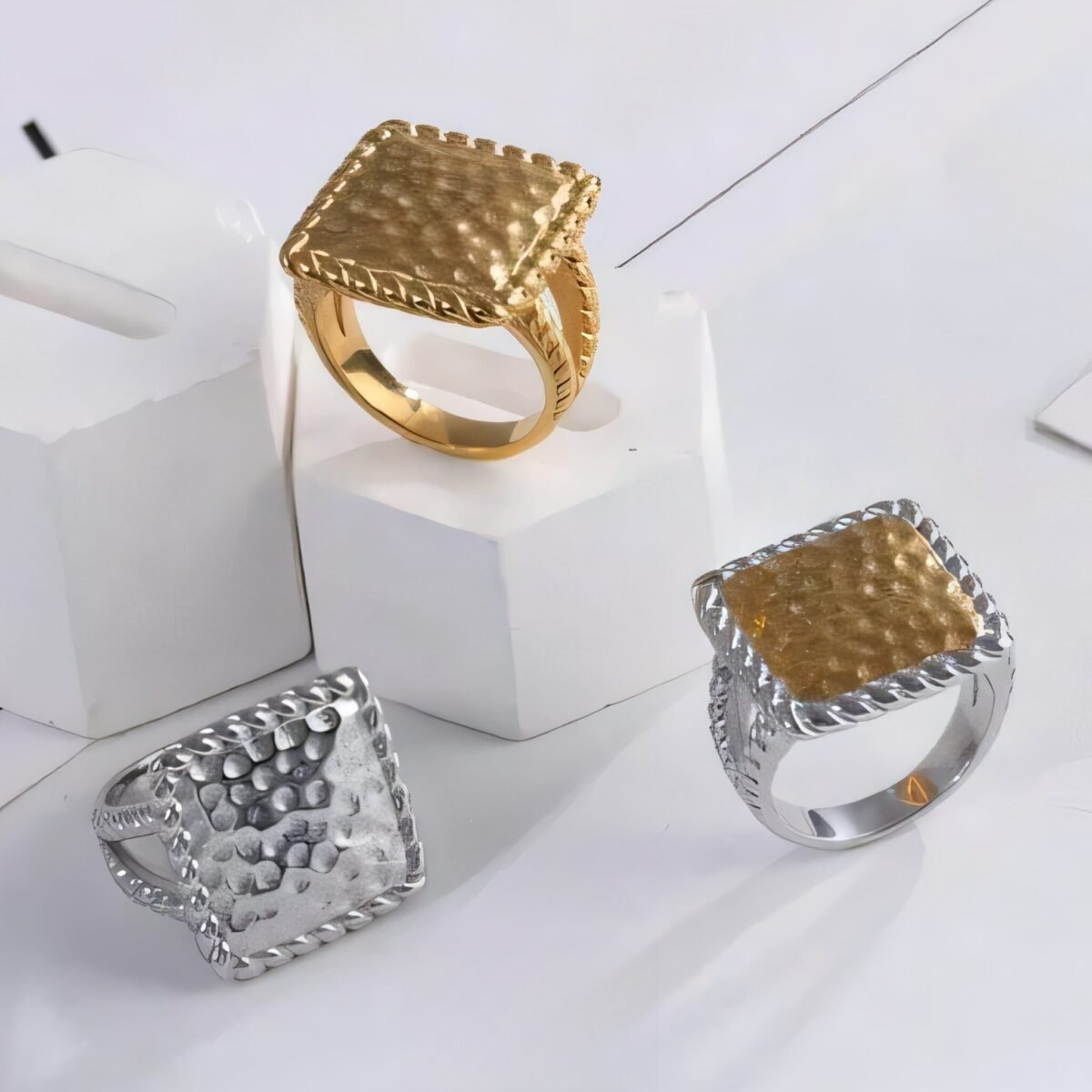 Modern Square Hammered Stainless Steel Ring Simple and Fashionable for Women | G003406 - Image 1