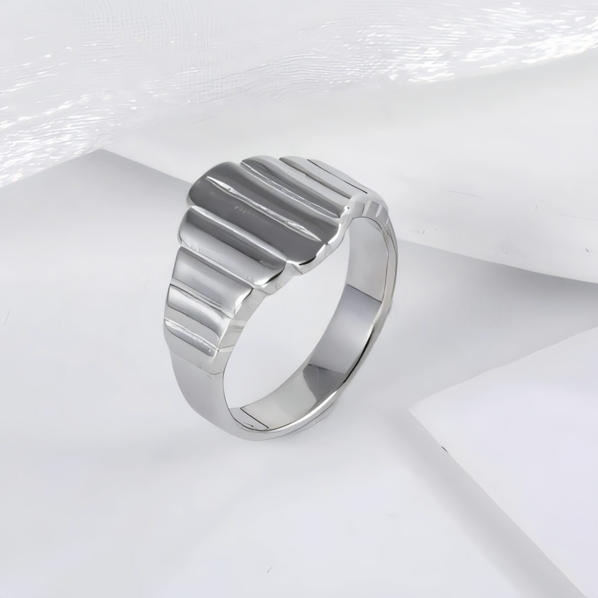 Modern Stainless Steel Textured Stripe Signet Ring for Women | N001502 - Image 4