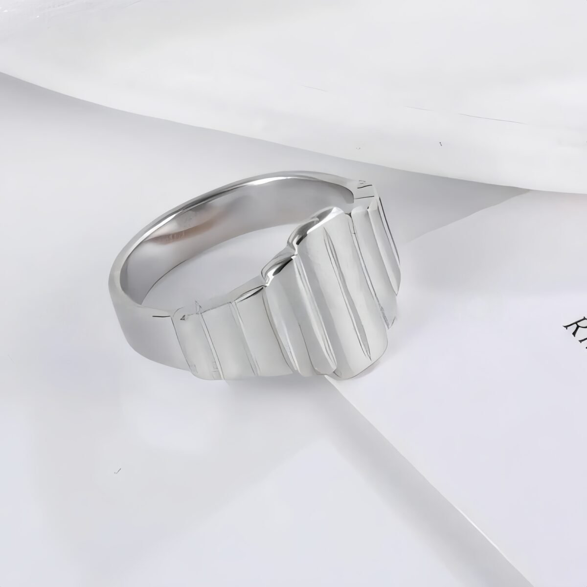 Modern Stainless Steel Textured Stripe Signet Ring for Women | N001502 - Image 5