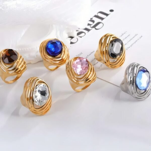 Modern Vintage Design Elegant Stainless Steel Gemstone Ring for Women | G004501