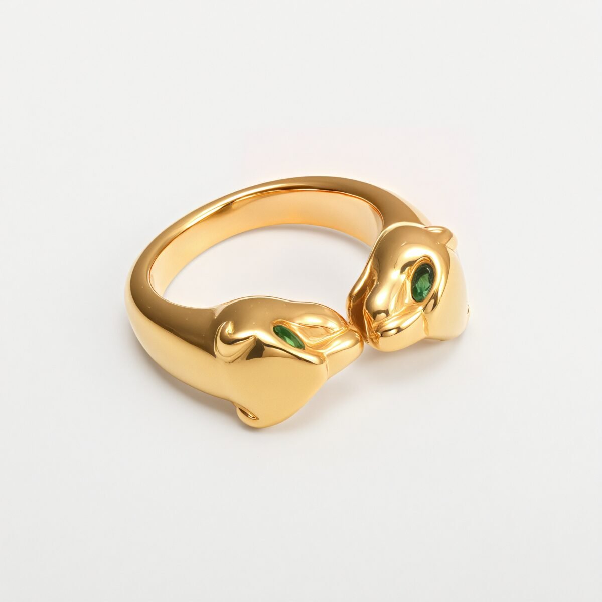 24K Gold Plated Stainless Steel Double - Panther Head Ring with Green Stones丨G006105 - Image 4