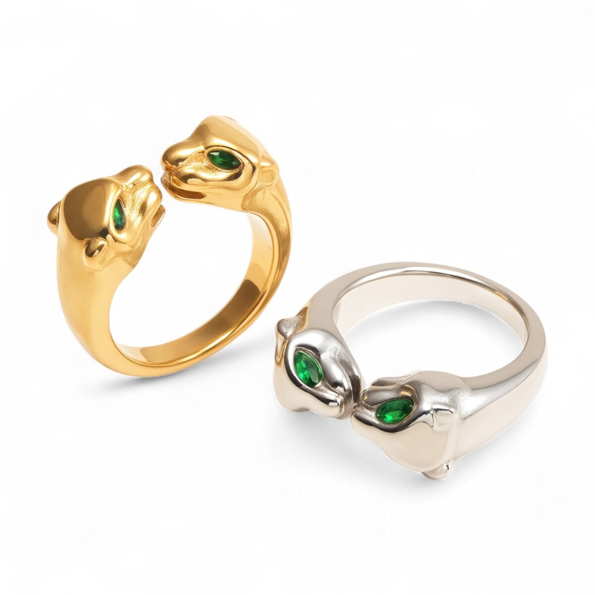 24K Gold Plated Stainless Steel Double - Panther Head Ring with Green Stones丨G006105 - Image 1