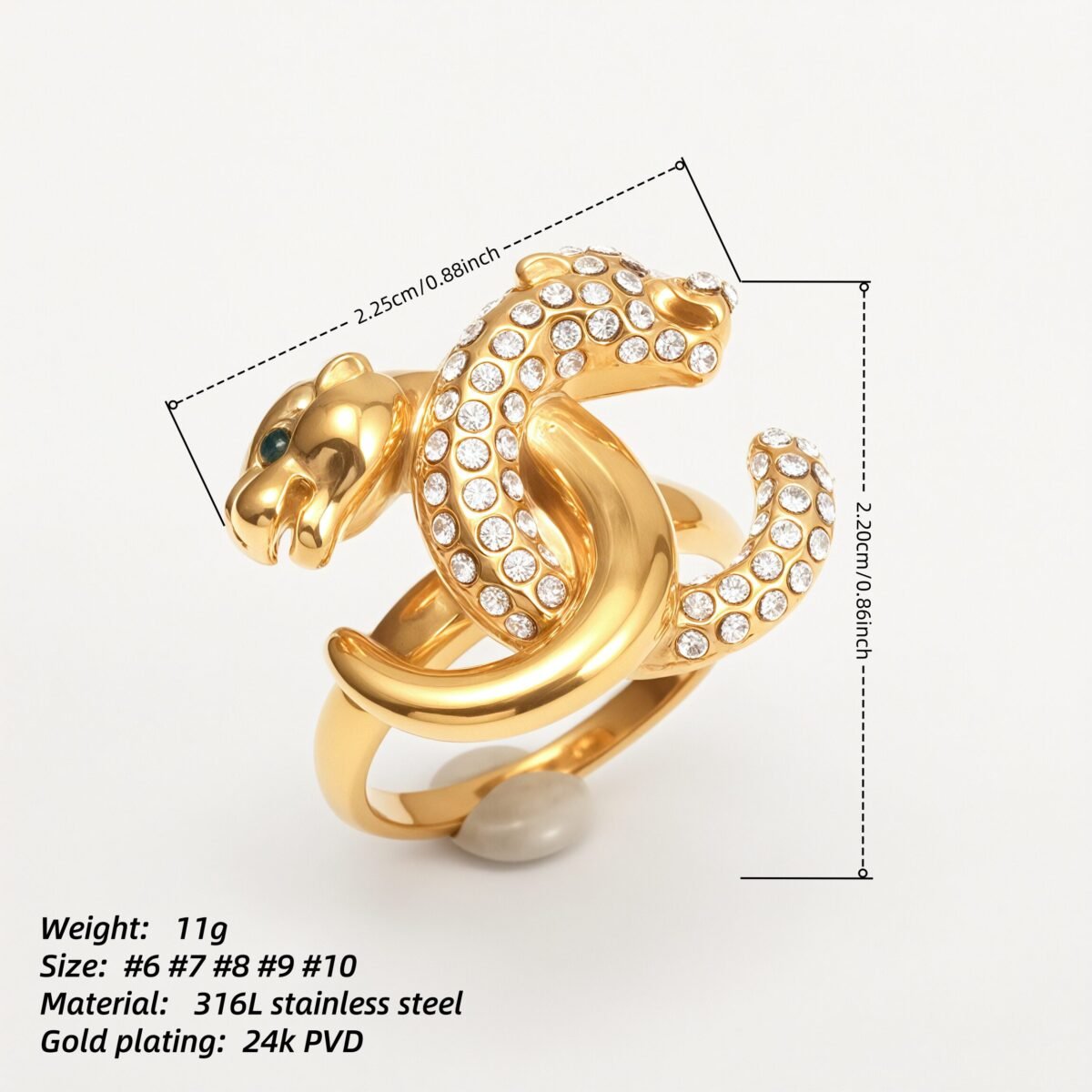 Luxury Leopard Inlay Emerald Diamond Stainless Steel Unisex Ring丨G004093 - Image 3