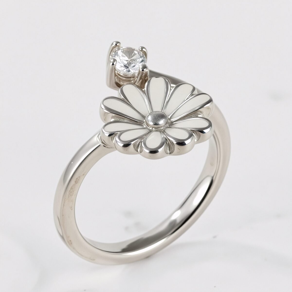 White Chick Chrysanthemum Petals Inlaid With Diamonds Us#4 Ultra-Small Stainless Steel Women's Ring丨K0784 - Image 2