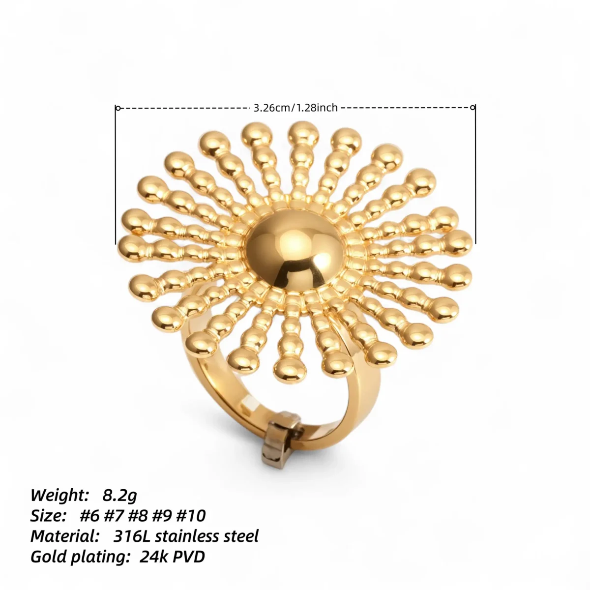 24K Gold - Plated Stainless Steel Women's Ring with Sunflower Design | G005537 - Image 6