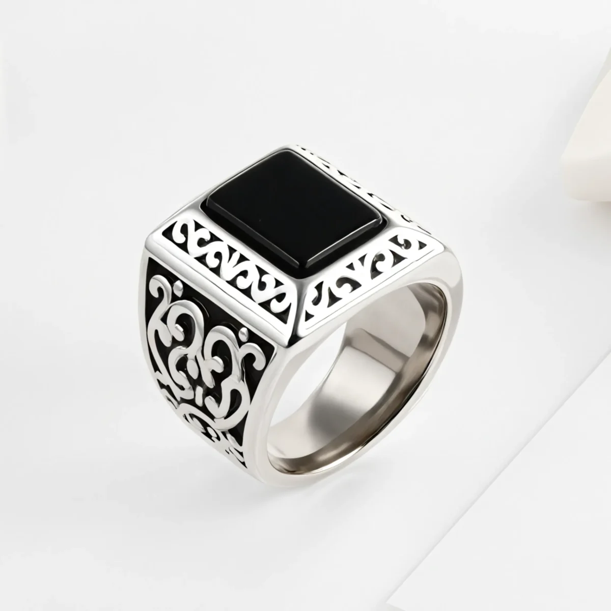 Vintage Black Square Gemstone Men's Stainless Steel Ring | K00148 - Image 2