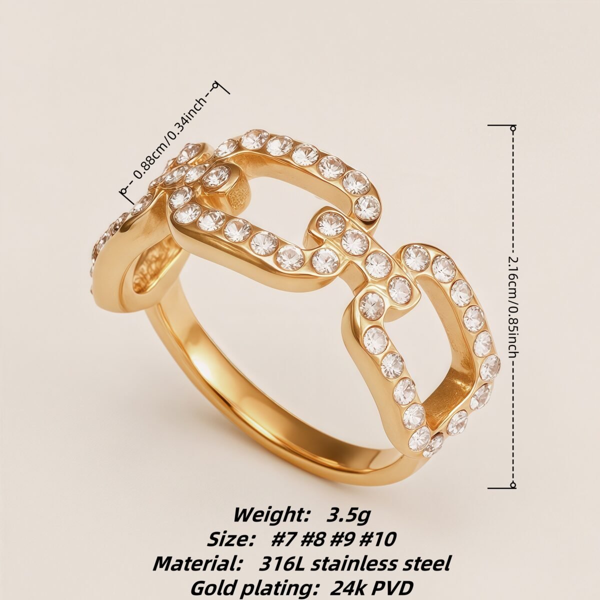 Diamond - Inlaid Chain - Shaped Stainless Steel Luxury Women's Ring | N002005J - Image 2