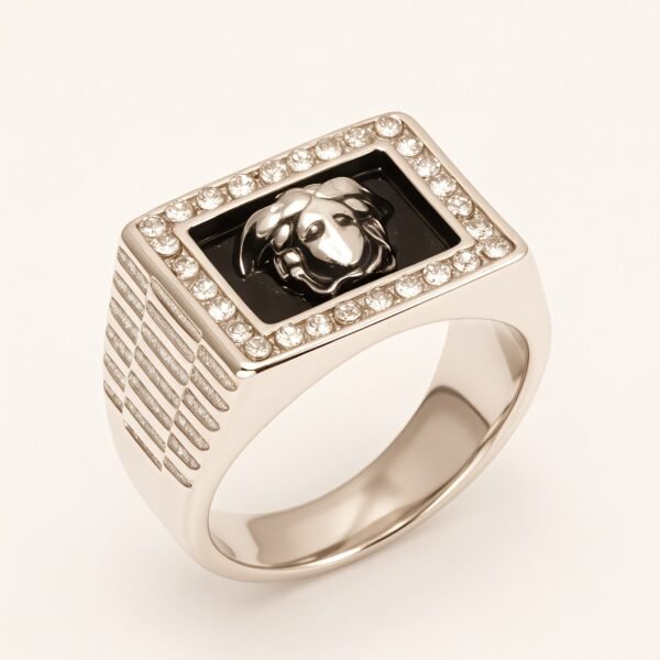 Stylish Men's Stainless Steel Ring Embellished with Diamonds and Medusa Motif | DZ299