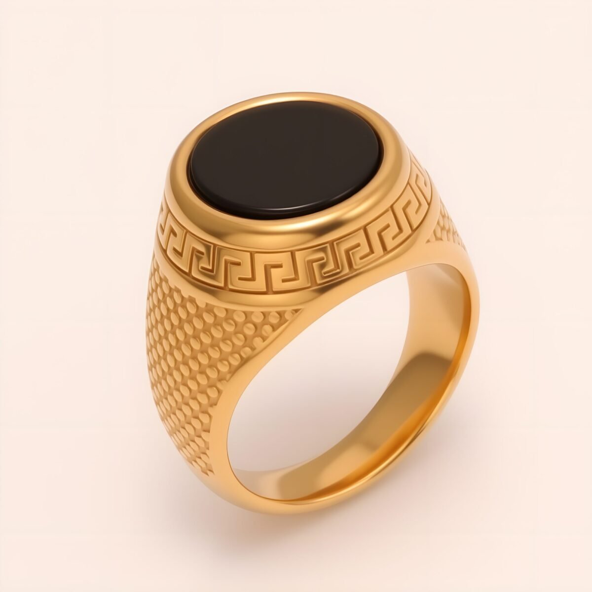 Stylish Men's Stainless Steel Ring with Black Gemstone Meander Pattern | B431 - Image 3