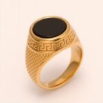 Stylish Men's Stainless Steel Ring with Black Gemstone Meander Pattern | B431 - Image 3