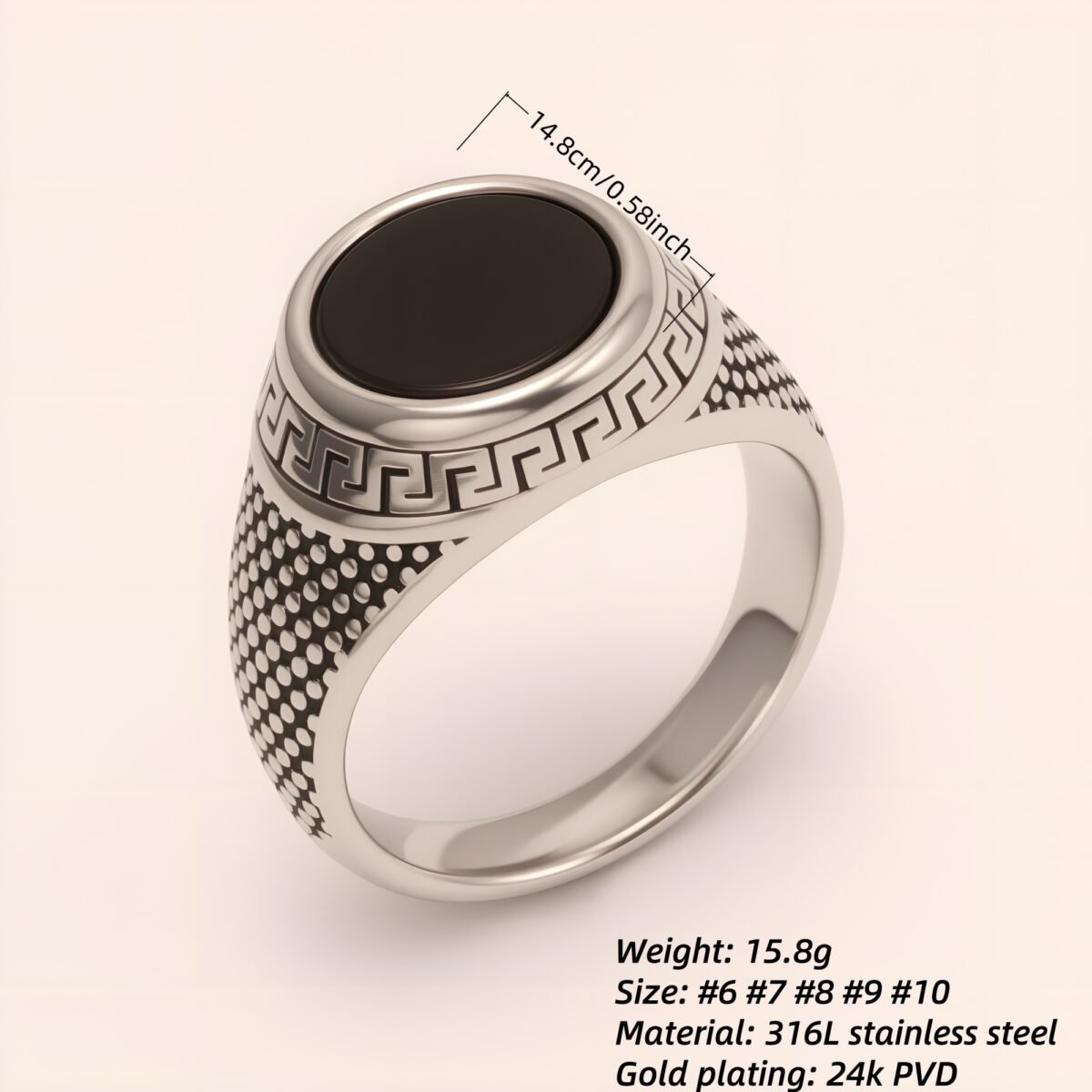 Stylish Men's Stainless Steel Ring with Black Gemstone Meander Pattern | B431 - Image 2