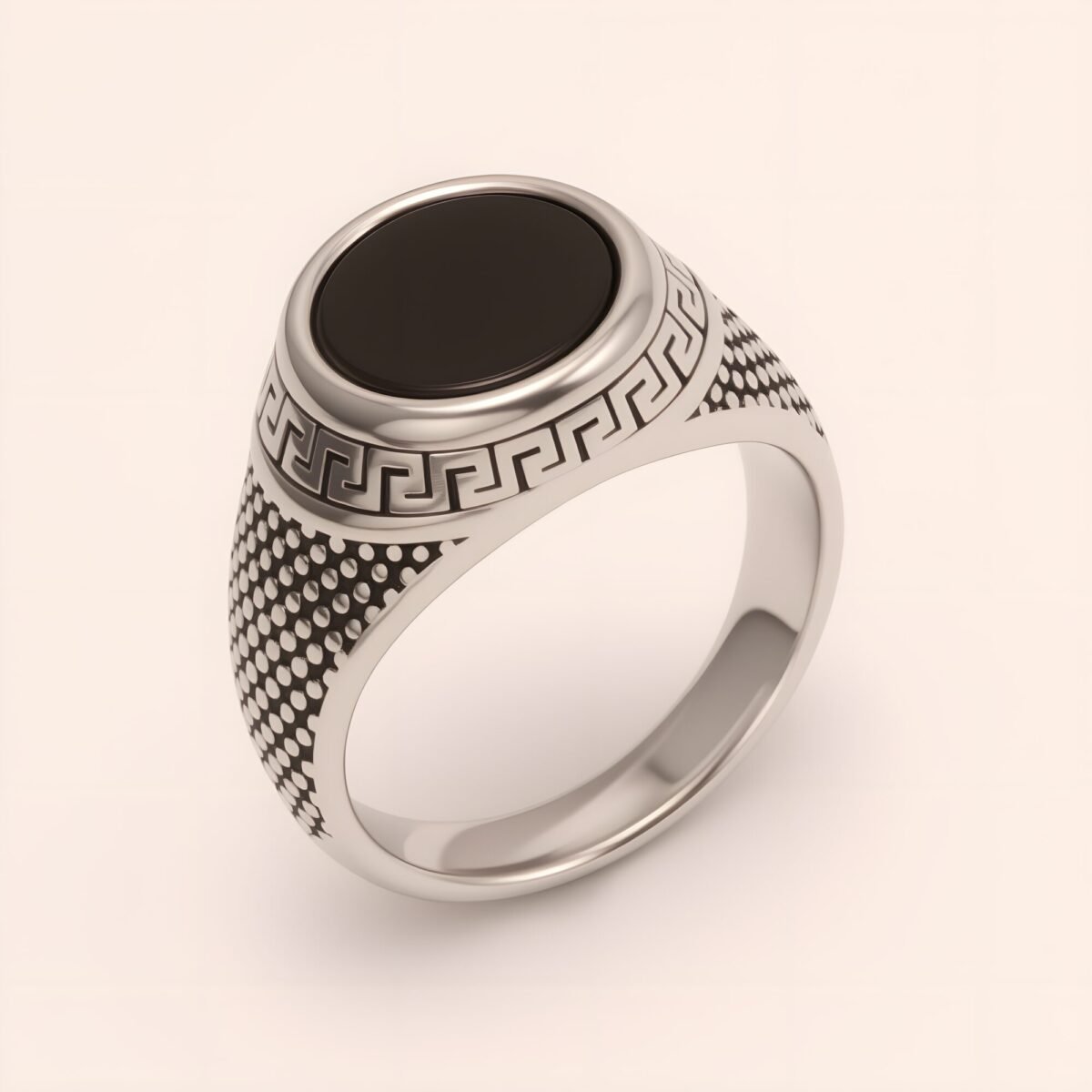 Stylish Men's Stainless Steel Ring with Black Gemstone Meander Pattern | B431 - Image 6