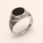 Stylish Men's Stainless Steel Ring with Black Gemstone Meander Pattern | B431 - Image 6