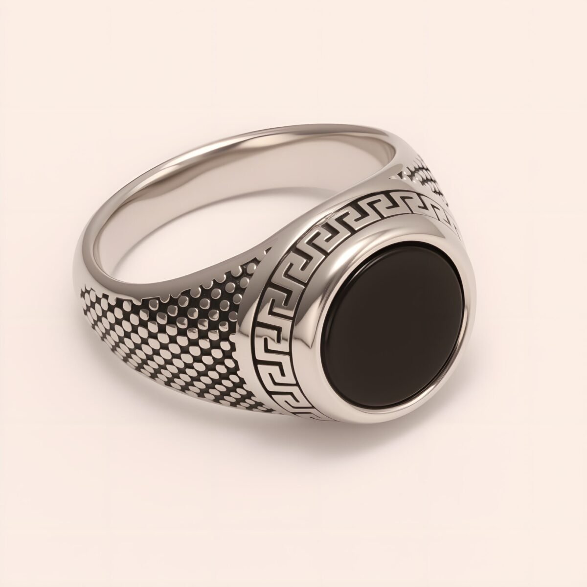 Stylish Men's Stainless Steel Ring with Black Gemstone Meander Pattern | B431 - Image 5