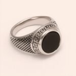 Stylish Men's Stainless Steel Ring with Black Gemstone Meander Pattern | B431 - Image 5