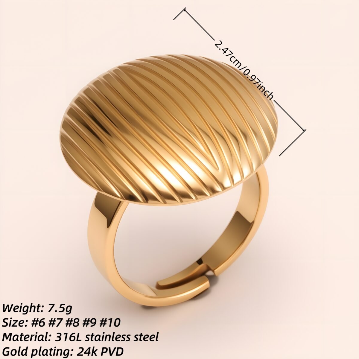 Striped Oval Stainless Steel Open - Ring - Stylish & Versatile for Men and Women | G006424 - Image 2