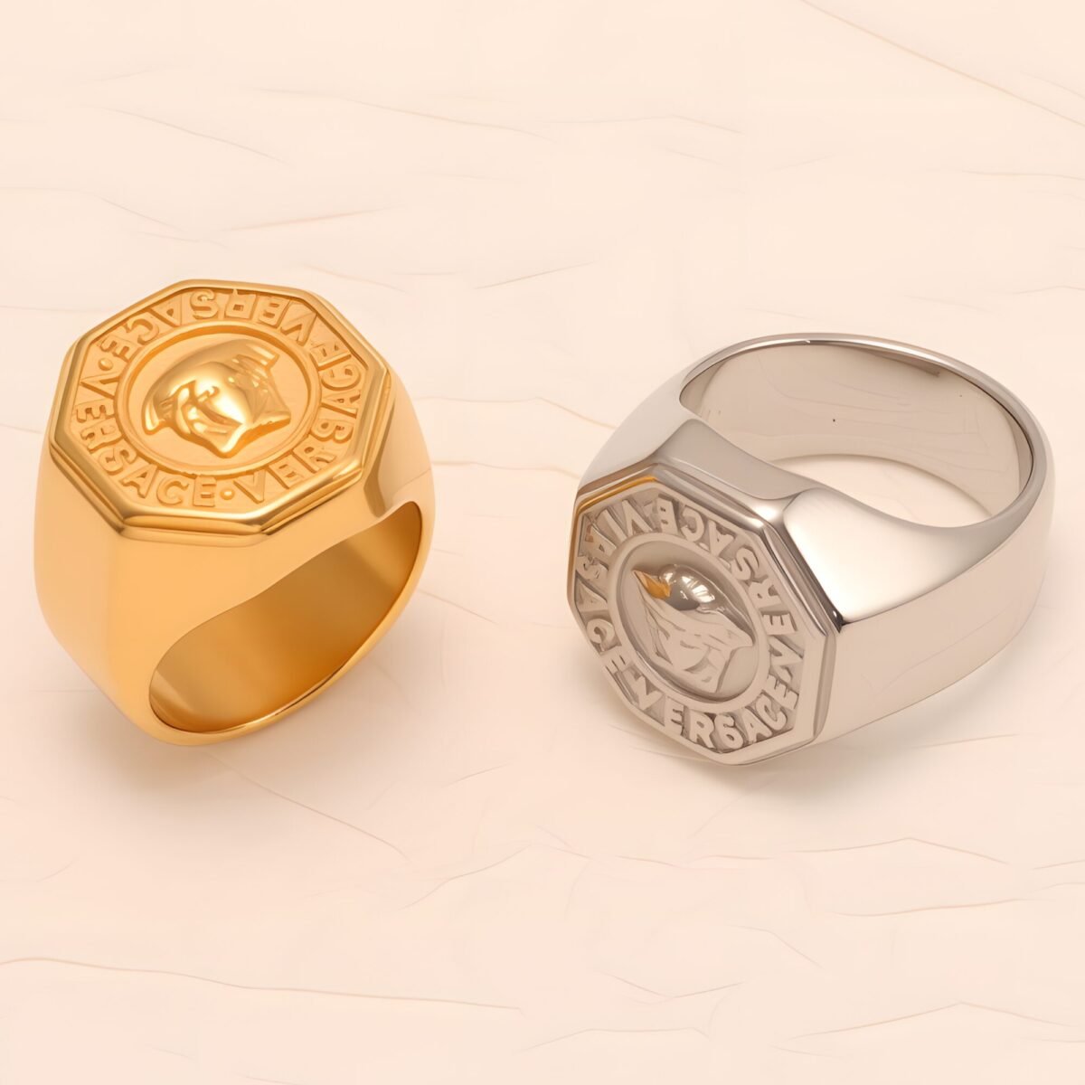 Classic Embossed Logo Octagonal Stainless Steel Ring - Trendy & Versatile Jewelry | G0034 - Image 1