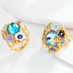 Colorful Gemstone Stainless Steel Ring with Floral Design Classic Fashion for Women | G004476