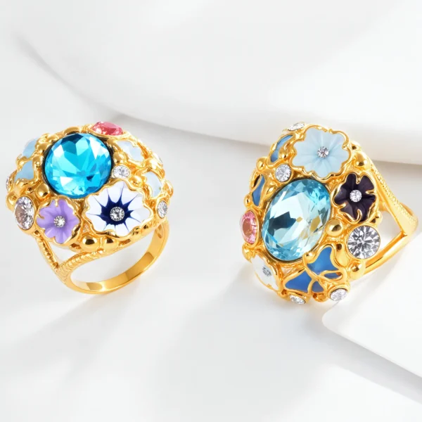 Colorful Gemstone Stainless Steel Ring with Floral Design Classic Fashion for Women | G004476