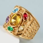 24k gold plated stainless steel men's ring with multi-colored gemstonesحB044
