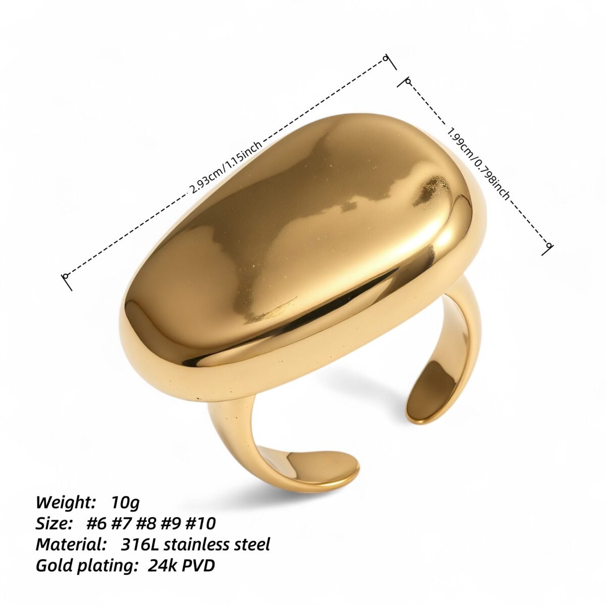 24K Gold Plated Stainless Steel Oval Dome Open Ring丨G003998 - Image 6