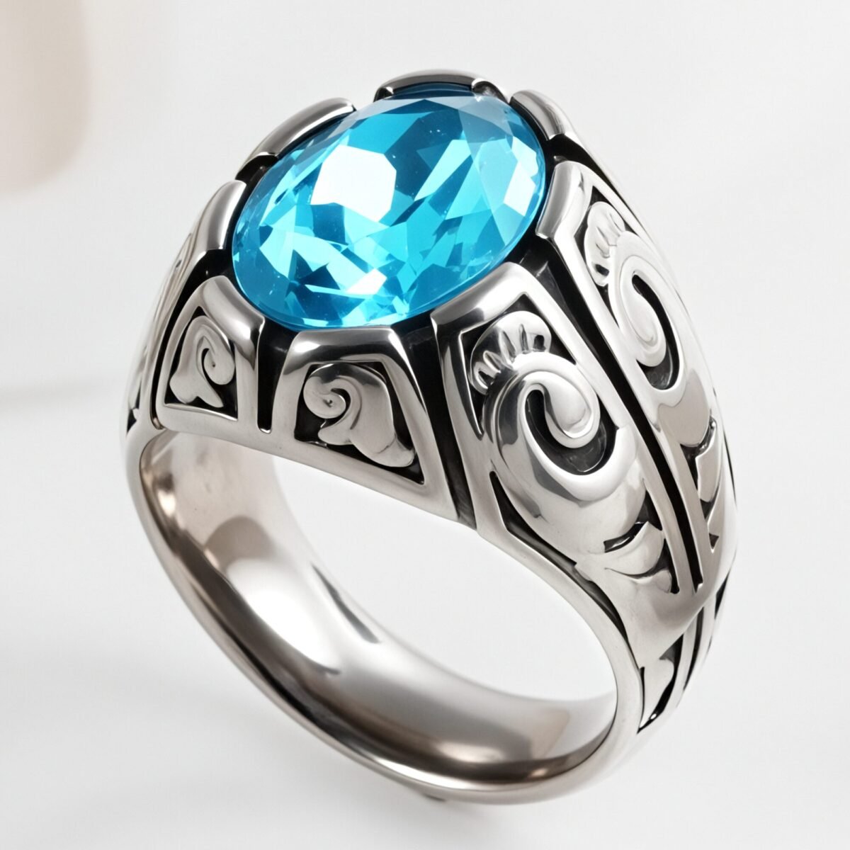 Vintage Floral Pattern Gemstone Ring Men's Silver Trendy Jewelry | K00906 - Image 1