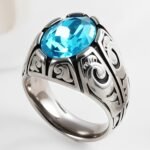 Vintage Floral Pattern Gemstone Ring Men's Silver Trendy Jewelry | K00906