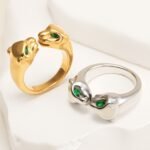 24K Gold Plated Stainless Steel Double - Panther Head Ring with Green Stones丨G006105 - Image 2