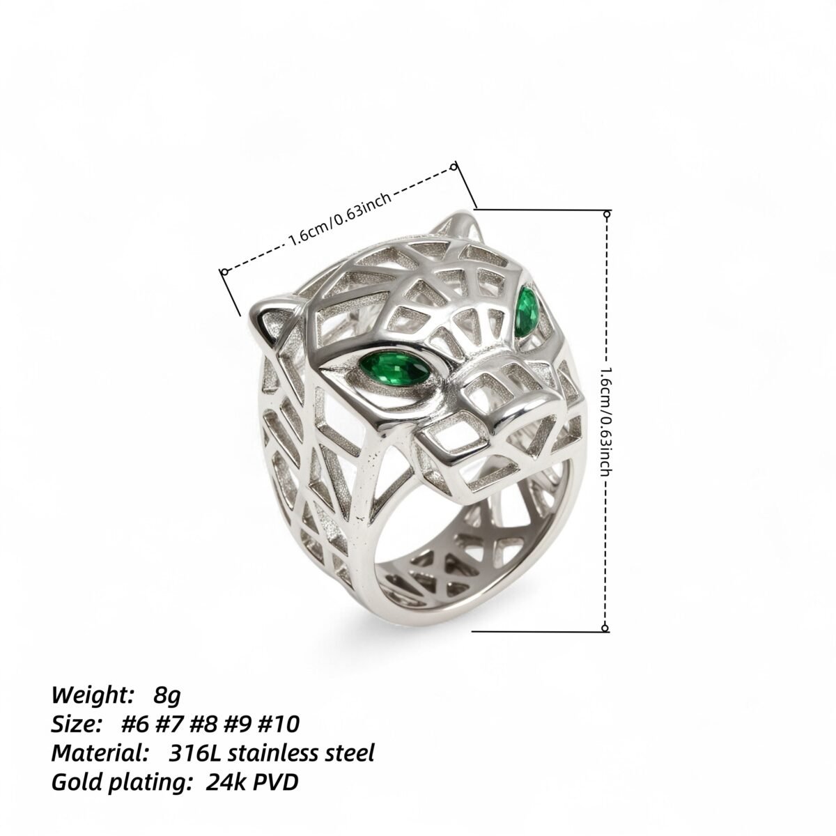 24K Gold Plated Stainless Steel Panther Head Ring with Green Stones丨G001002JLV - Image 4
