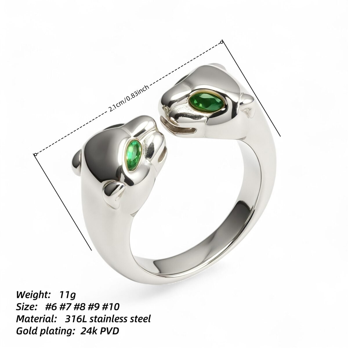 24K Gold Plated Stainless Steel Double - Panther Head Ring with Green Stones丨G006105 - Image 7