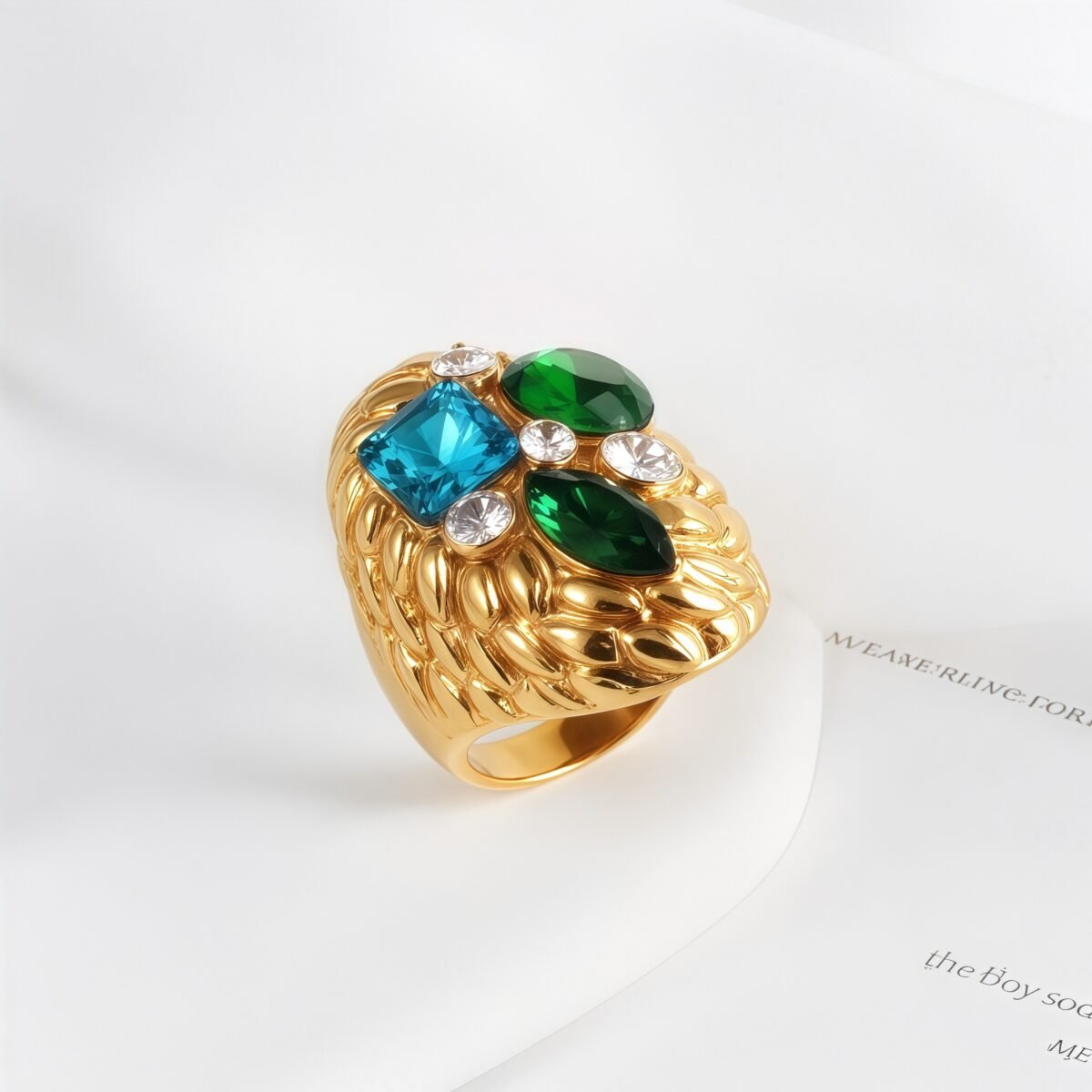Stylish Embossed Colorful Gemstone Stainless Steel Ring for Women | G004467 - Image 5