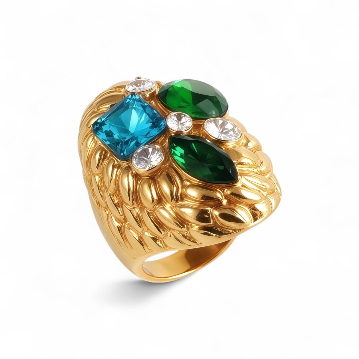 Stylish Embossed Colorful Gemstone Stainless Steel Ring for Women | G004467 - Image 1