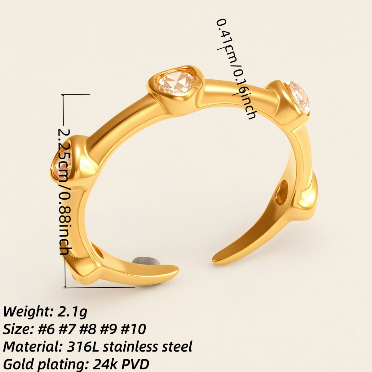 Sparkling Gold - Plated Diamond Open Stainless Steel Ring - Trendy Women's Jewelry | N002084 - Image 2