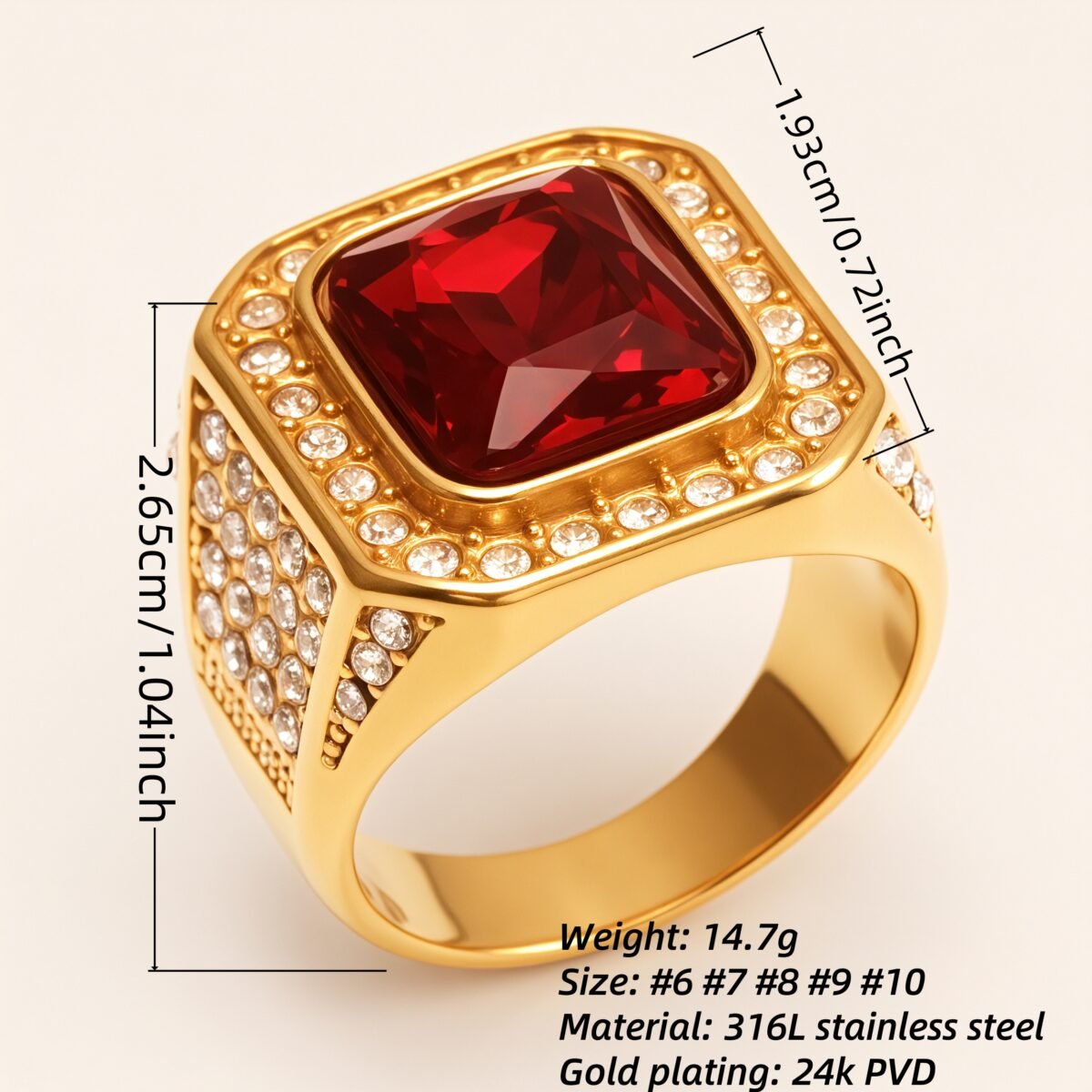 Diamond - Set Ruby Square Stainless Steel Ring, European - American Men's Ring | K002493JL - Image 2