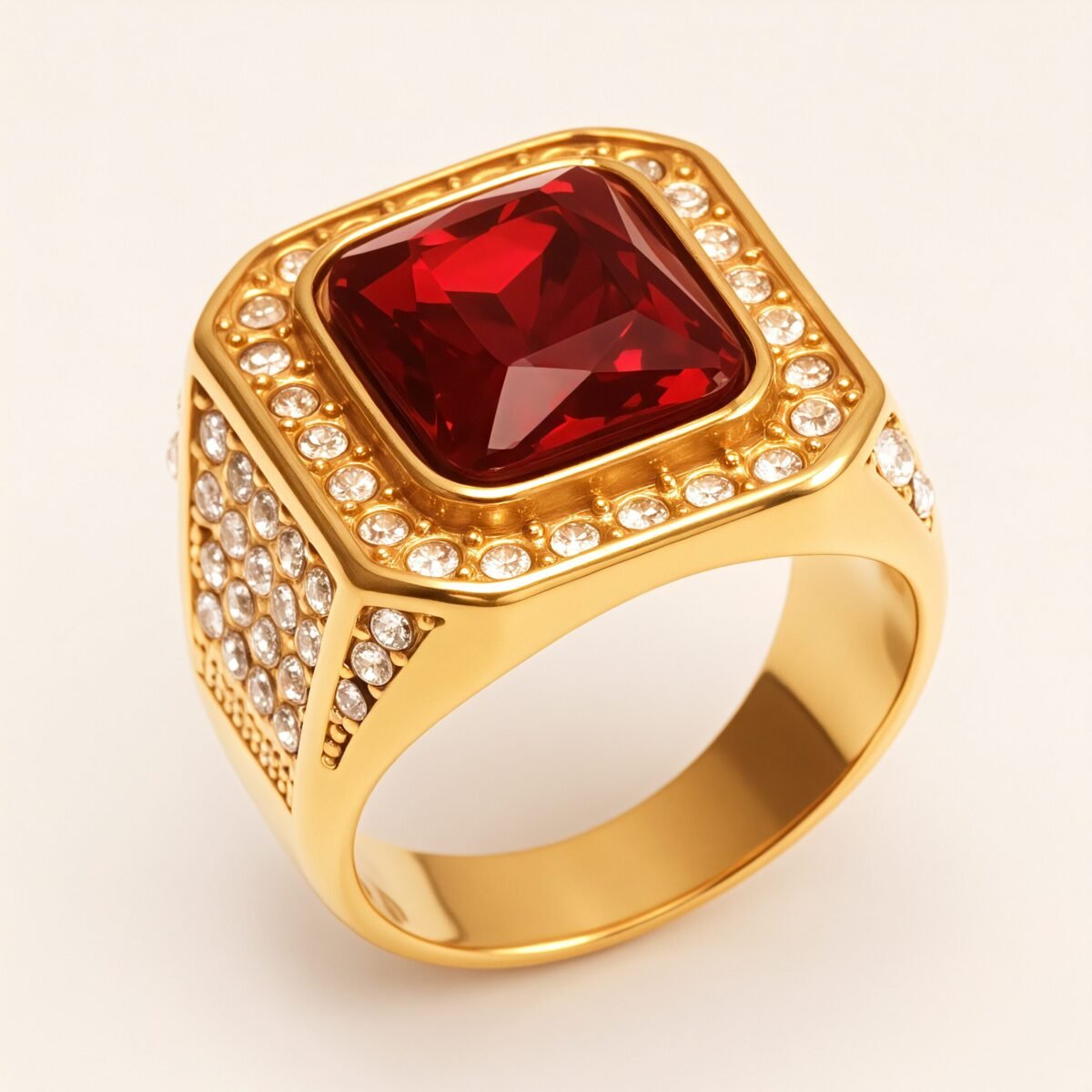 Diamond - Set Ruby Square Stainless Steel Ring, European - American Men's Ring | K002493JL - Image 3