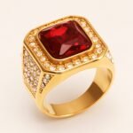 Diamond - Set Ruby Square Stainless Steel Ring, European - American Men's Ring | K002493JL - Image 3