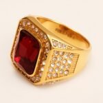 Diamond - Set Ruby Square Stainless Steel Ring, European - American Men's Ring | K002493JL