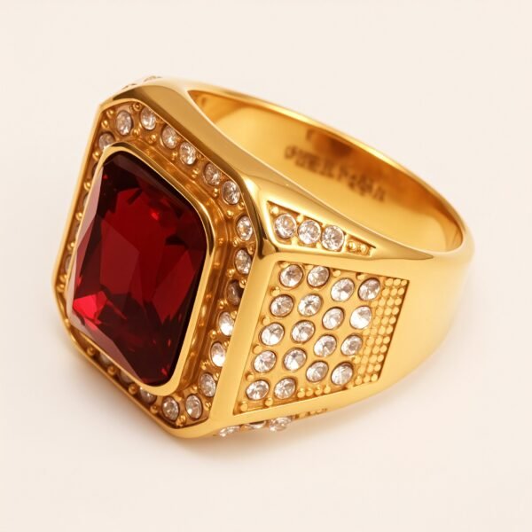 Diamond - Set Ruby Square Stainless Steel Ring, European - American Men's Ring | K002493JL