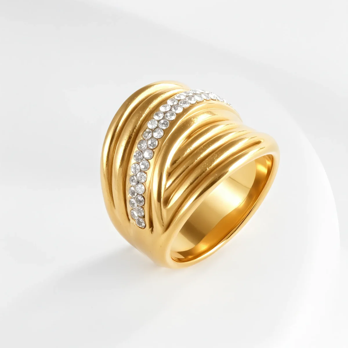 Wavy Design Diamond Inlay Ring Women's Fashion Gold Stainless Steel Band | G003860 - Image 2