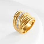 Wavy Design Diamond Inlay Ring Women's Fashion Gold Stainless Steel Band | G003860 - Image 2