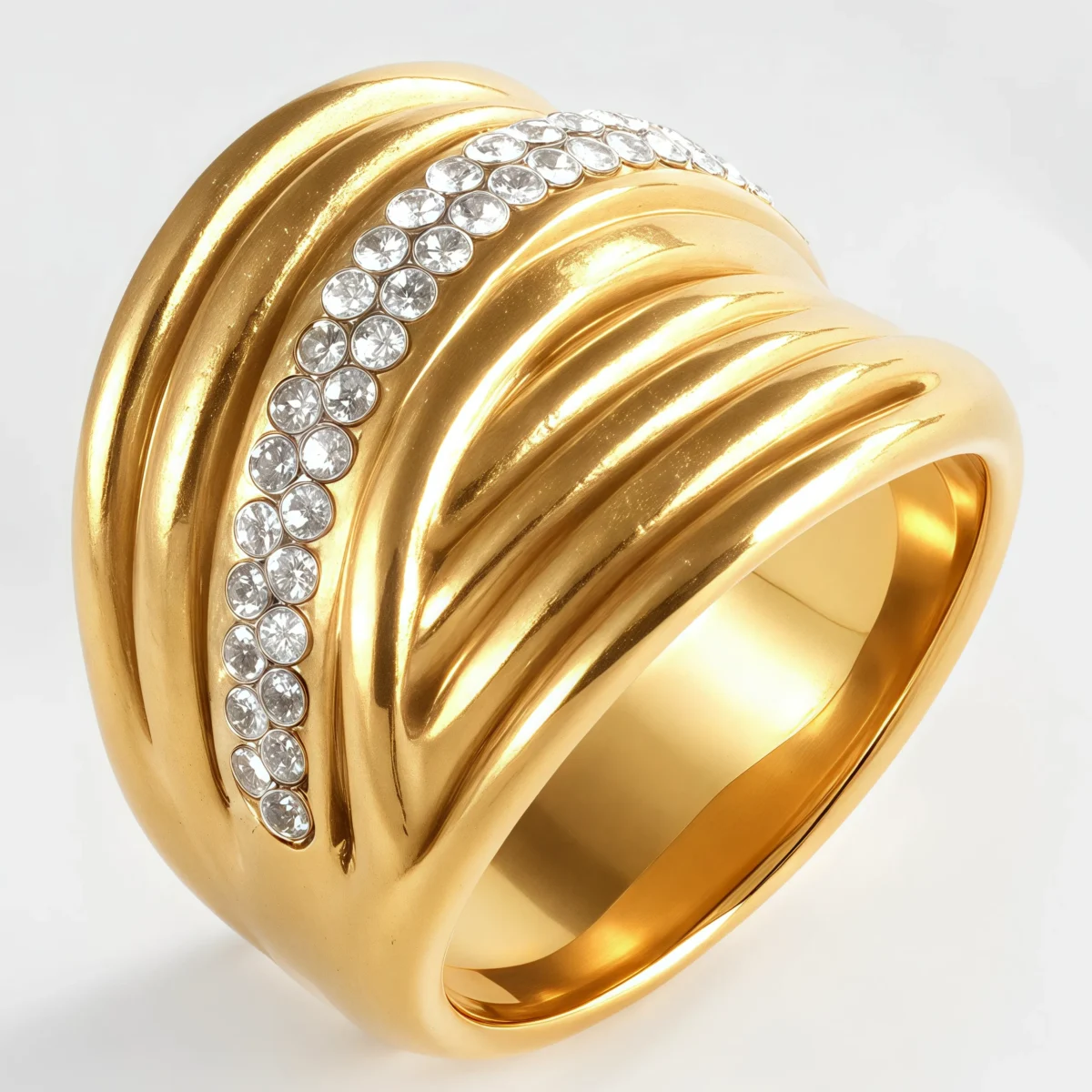 Wavy Design Diamond Inlay Ring Women's Fashion Gold Stainless Steel Band | G003860 - Image 1