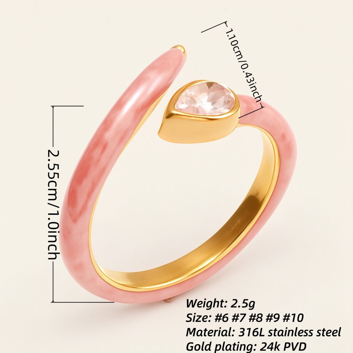 Sweet - Style Pink Enamel Diamond - Set Stainless Steel Ring - Trendy Women's Jewelry | N001629JL - Image 2