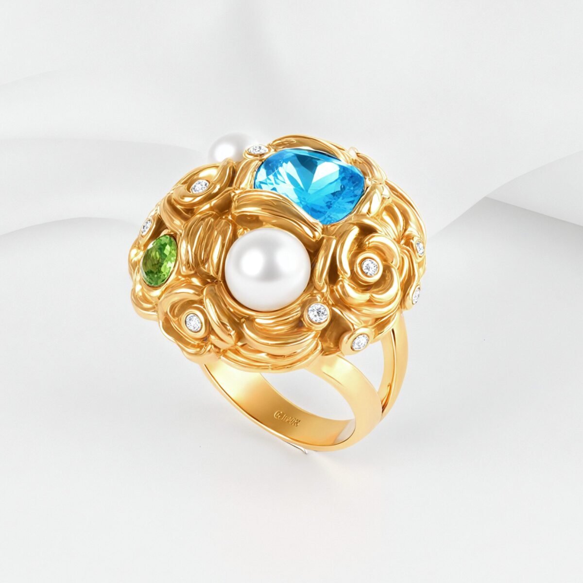 Floral Pearl Gemstone Inlaid Classic Fashion Stainless Steel Women's Ring | G004570 - Image 2