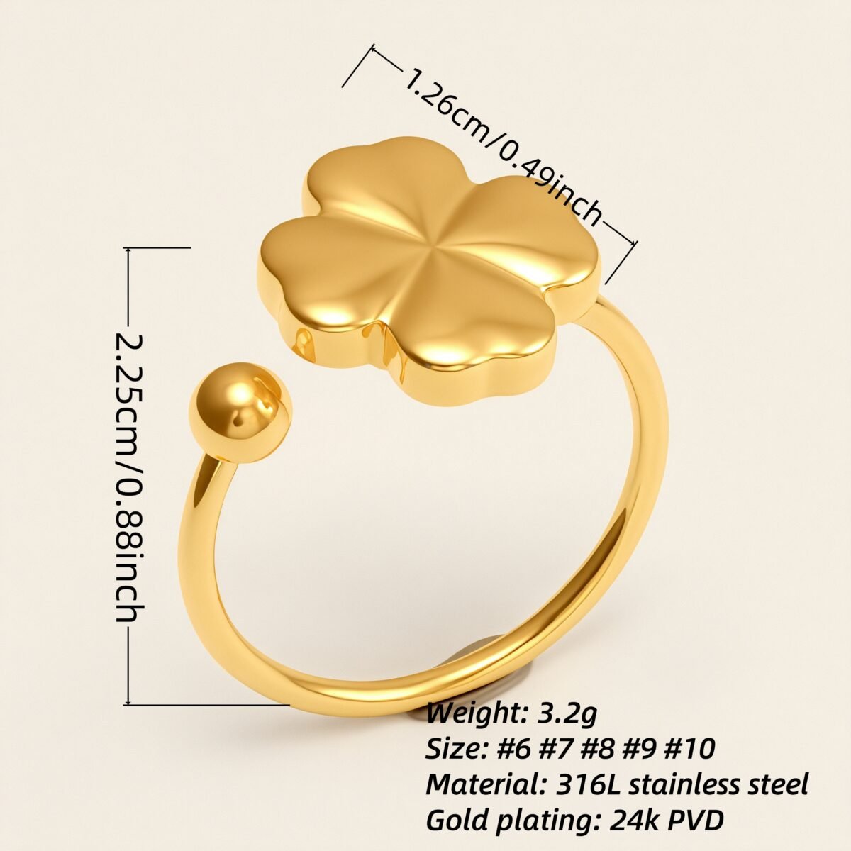 Four - Leaf Clover Gold Stainless Steel Ring, Stylish Versatile Women's Ring | G006343 - Image 2