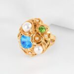 Floral Pearl Gemstone Inlaid Classic Fashion Stainless Steel Women's Ring | G004570 - Image 5