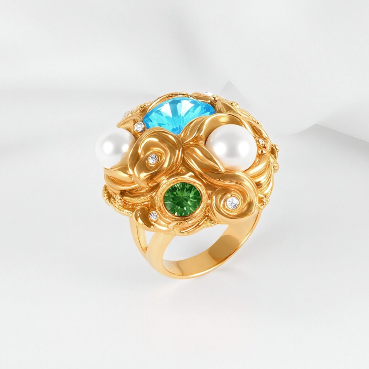 Floral Pearl Gemstone Inlaid Classic Fashion Stainless Steel Women's Ring | G004570 - Image 3